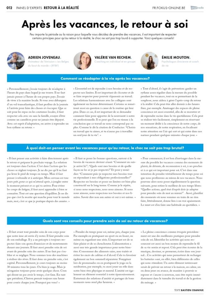Article Après les vacances, le retour à soi Emilie Mouton Panel d'experts